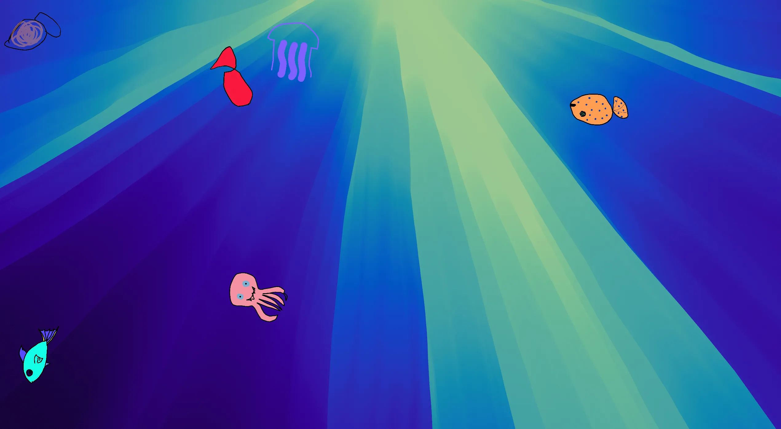 青い水中風のデスクトップ背景の上を、手描きの魚、クラゲ、タコが泳いでいる様子